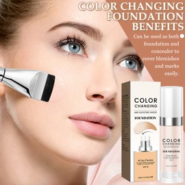Colour Changing Foundation, Colour Changing Foundation Liquid with 1 Brushes, Colour Changing Face Primer Base Makeup 30 ml Lightweight Durable Smooths Fills Pores and Fine Lines Portable All Day