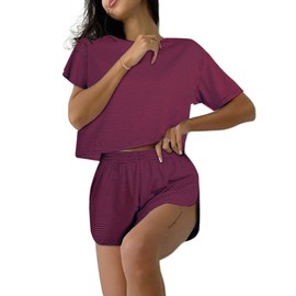 Remidoo Women's Striped Tee Shirts and Shorts Pajamas Set Side Slit Crewneck Loungewear Red Black Small