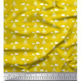 Soimoi Yellow Viscose Chiffon Fabric Cloud,Fish & Yacht Nautical Print Fabric by The Yard 42 Inch Wide