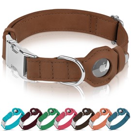 BUDKAS Leather Dog Collar with Airtag Holder - Soft Adjustable Airtag Dog Collar with Metal Buckle - GPS Tracking Pet Collar for Small Large Dogs Puppies Cats (Cinnamon, S, 12"-15" Neck Fit)