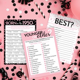 Birthday Party Games - Born in the 1950s Chic Pink and Black Birthday Game Bundle - 65th or 70th Birthday - Set of 3 Games for 20 Guests