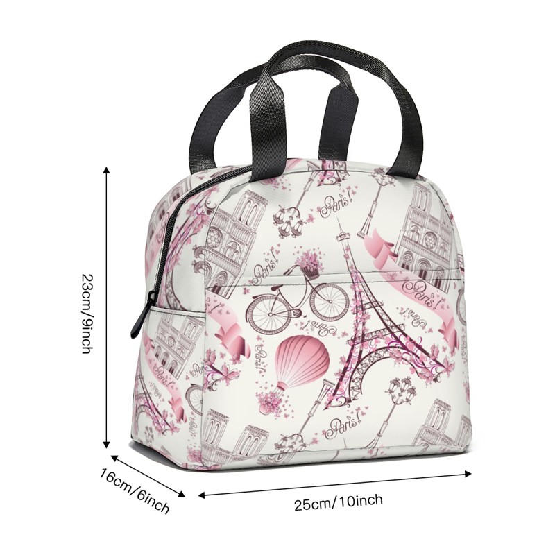 Lunch Bag Pink Eiffel Tower Print Large Capacity Lunch Box