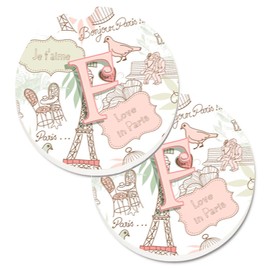Caroline's Treasures Letter F Love in Paris Pink Set of 2 Cup Holder Car Coasters CJ2002-FCARC, 2.56, Multicolor