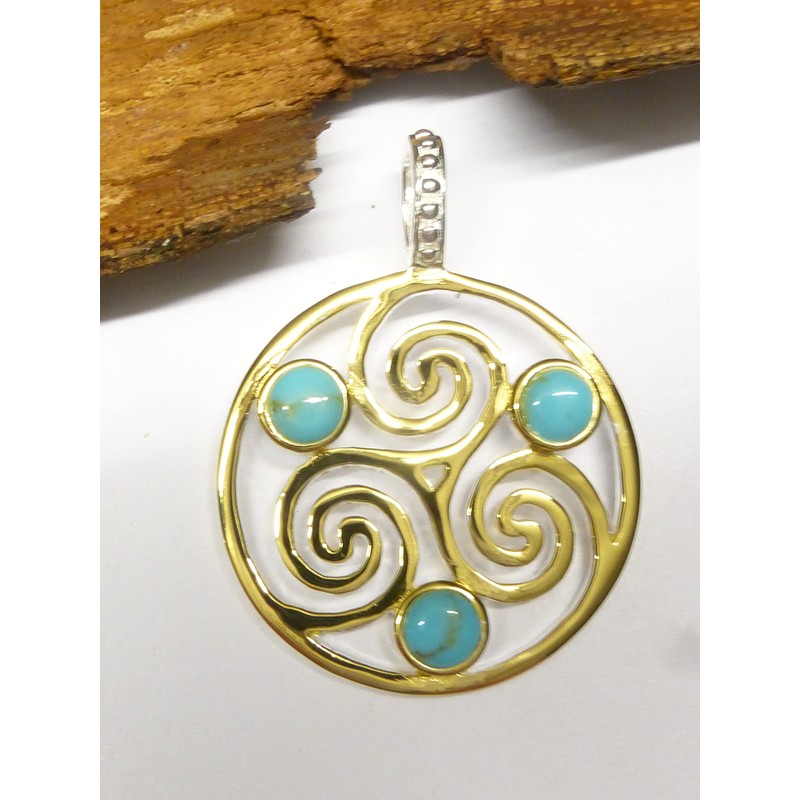 Silver Plated Turquoise Triskele Pendant Sterling Silver Protection Symbol Unisex,