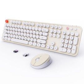 Wireless Keyboard and Mouse Combo, Ergonomic Full Size Typewriter Retro Round Keycaps Keyboard, Compatible with Windows, PC, Perfer for Home and Office Keyboards (Beige