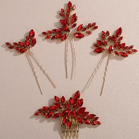 Lenjicons Luxuries Rhinestone Hair Comb Pins Set Teardrop Rhinestone Hair Comb Wedding Hair Pins Bridal HairPin Set for Brides Bridesmaid(4pcs) (red)