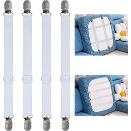 Sofa Cover Holder Straps with Suspenders & Fasteners - Magic Sofa Couch Covers Clip Fasteners, Adjustable Elastic Straps (6-30in/15-75cm) for Sofa Slipcover, Cushion Holders (4, White)