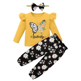 Coco&RARA Toddler Girl Clothes Long Sleeves Ruffle Print Top+Floral Pants+Headband 3Pcs Fall/Winter Outfits Set (Yellow,18-24 Months)