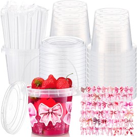 Funnymoom 30 Set Pink Bow Clear Plastic Cups with Lids & Straws 24oz Disposable Rum Drink Buckets Bulk for Cocktail Parties with Handles & Stickers for Holiday Birthday Beach Pool Party Supplies