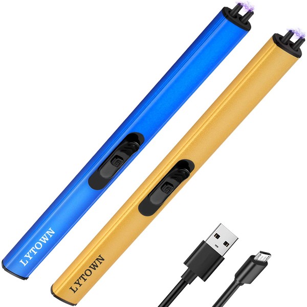 2 Pack Candle Electric Lighter, USB Rechargeable Arc Plasma Windproof Portable Flameless Lighter, No Fuel Needed, Sleek Design, Triple Safety, Perfect for Kitchen Camping Xmas, Blue+Gold