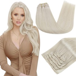 RUNATURE Clip-In Real Hair Extensions, White Blonde,Remy Hair, Extensions, Real Hair, Clip-In Hair, 80 g, 25 cm, #800