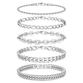 Finrezio Silver Chain Bracelet for Men Cuban Link Chain Stainless Steel Bracelet for Women Mens Bracelets Mens Bracelets Gifts for Dad Hip Pop Rapper 3/5/7/8mm Width, 7.4/8.2/9 Inch Length