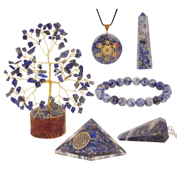 YUVDIPR Lapis Lazuli Crystal Tree Feng Shui Bonsai Flower of Life Orgone Pyramid Crystals Divination Chakra Wand Metatrons Cube Necklace Gems Bracelet Good Luck Positive Gifts Home Office Desk Decor
