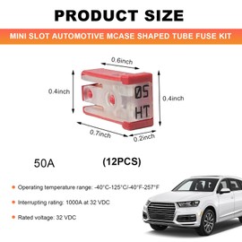 FSTURIOS 12PCS Mini Slotted Automotive Cartridge Fuse Kit, 50A 32V Micro Cartridge Fuse Assortment, Mini Type Low-Profile Slotted Fuse Replacement for Car Truck SUV