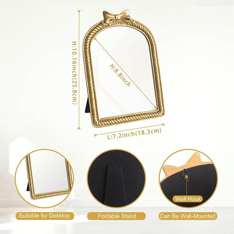 Gold Bow Resin Frame Mirror, Dual-Use Tabletop & Wall Mounted