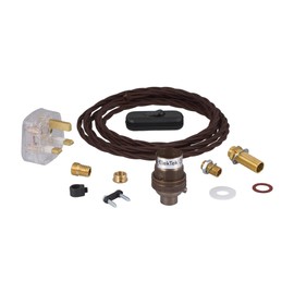 ElekTek Premium Lamp Kit Antique Brass Unswitched B22 Lamp Holder with Twisted Brown Flex, in Line Switch and 3A UK Plug