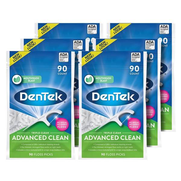 DenTek Triple Clean Advanced Clean Floss Picks, No Break & No Shred Floss, 90 Count, 6 Pack