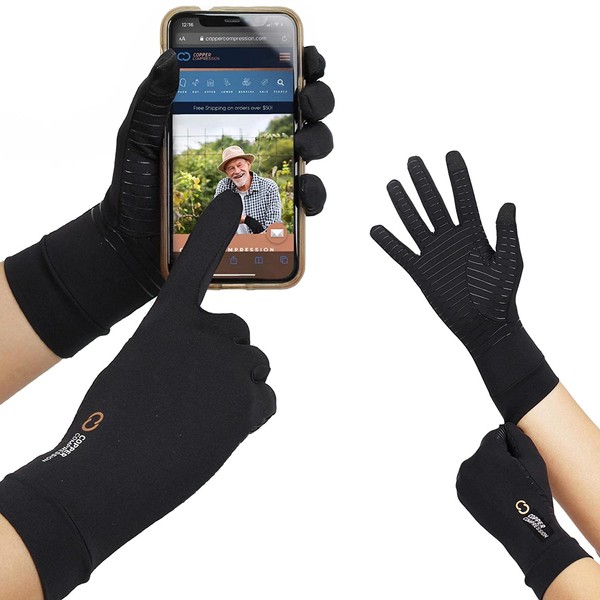 Copper Compression Full Finger Arthritis Gloves with Touchscreen Tips. Highest Copper Content Guaranteed. Best for Carpal Tunnel, Smart Touch Screen Typing, Phones, iPads, Texting Fit for Men & Women