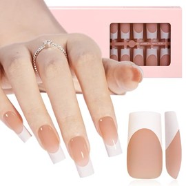 AILLSA Uñas Postizas Francesas de Gel, 180 Unidades, Color Marrón, Largas Y Cuadradas, con Base Y Capa Base Preaplicadas, No Necesitan Lima, Suaves, c