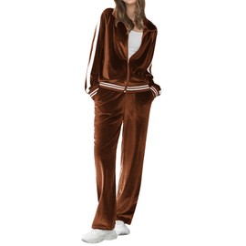 Ekouaer Women's Velvet Velor Tracksuits 2 Piece Lounge Outfits Zip Up Sweatshirt and Sweatpants with Pockets S-3XL(Brown,3X-Large)