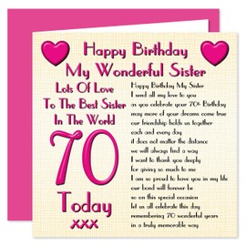 Sister 70th Happy Birthday Card - Lots Of Love To The Best Sister In The World - 70 Today