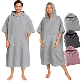 CalmyBEACH Terry Cloth Bath Poncho for Men and Women, Beach Poncho, 100% Cotton, Surf Poncho, Adult Towel, Hood, Bathing Surf Poncho,, gray, S - M
