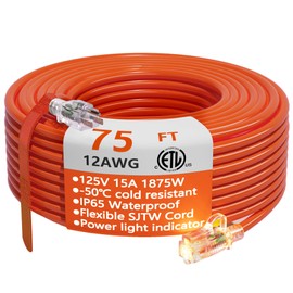 HUANCHAIN 12/3 Gauge Heavy Duty Outdoor Extension Cord 75 ft Waterproof with Lighted end, Flexible Cold-Resistant 3 Prong Electric Cord Outside, 15Amp 1875W 12AWG SJTW, Orange, ETL