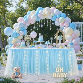 14FT Baby Blue Tulle Table Skirt for Rectangle or Round Tables, Baby Blue Tutu Table Skirt with Lights for Baby Shower, Ruffle Tulle Tableskirt for Mermaid Birthday Party Gender Reveal