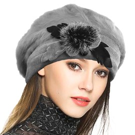 VECRY Women Wool Beret Angola Knit Beanie Skull Cap Dress Winter Hats (Grey)(Size:M)