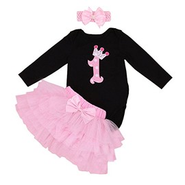 BabyPreg Baby Girl Long Sleeve 1st Birthday Tutu Outfit Dress Headband, black pink