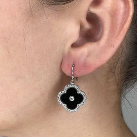 Lavari Jewelers Elegant Flower Dangle Earrings for Women - Black Onyx & Cubic Zirconia in 925 Sterling Silver - Hypoallergenic Rhodium Plated - Fish Hook Clover Drop Earrings