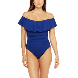 La Blanca Women's Standard Island Goddess Off Shoulder Ruffle One Piece Swimsuit, Blueberry, 0