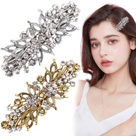 2 PCS Rhinestone Hair Clips Sparkly Side Hairclips Fine Hair Decorative Retro Metal Barrette Fancy Hairclip Spring Clips Sparkly Silver and Bronze Hair Accessories for Women and Girls