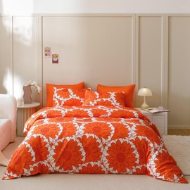 CLOTHKNOW Sunflower Comforter King Size 3-Piece Bedding Set - Orange, White - Rust Flower, Botanical Pattern - Women's, Girls' Boho Lightweight Comforter Bed Set