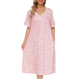AVIIER Nightgows for Women Soft Cotton Night Shirts Short Sleeve Sleepwear with Pockets (Pink Flower 2, XX-Large)