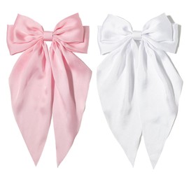 Furling Pompoms Pink Hair Bow Clips for Women,Large White Satin Hair Bows,Long-Tail Alligator Clips,Big Hair Bow Girls 2pcs Hair Accessories for Birthday Wedding Prom Party