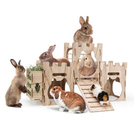 LEXASTLE Larger Bunny Castle Sturdy Walnut Color Wooden Rabbit Hideout for Bunnies Guniea Pigs Ferrets Chinchillas Hamsters LXUS (Castle Ramp Feeder)