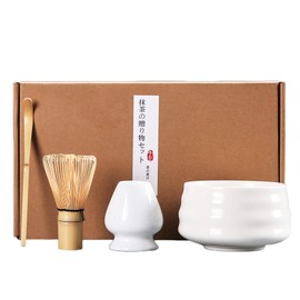 Henrrida 4 PCS Matcha Set,Ceramics Matcha Bowl 19 Oz,Include Matcha Whisk and Bowl,Blender Bracket and Matcha Spoon,Traditional Tea Ceremony Matcha Kit (White)