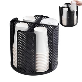 Dispensador de Vasos, Organizador de Tazas y Tapas, Organizador de Vasos con 4 Compartimentos, Dispensador de Vasos Giratorio, para Cafetera, Bar, Encimera, Sala de Descanso (Negro)