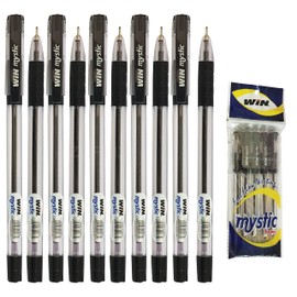 WIN 10 x 0.7mm Biro Tip Ball Pens Mystic BLACK Ballpoint Pens Soft Rubber Grip
