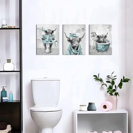 sechars Teal and Grey Bathroom Decor Funny Highland Cow Wall Art Cattle Paintings Apartment Bathroom Hotel Decorations (Teal)