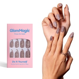 GLAMMAGIC Women and Girls Glitter Press On Nails Medium Almond Spring Glue On Stiletto Shiny Acrylic 24pcs Manicure False Nails