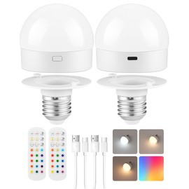 GOEBLESON Rechargeable Light Bulbs with Remote Control, Battery Operated Light Bulbs, 3 Timer 15 Colors Selectable, Dimmable Wireless RGB LED Bulb for Wall Sconce, Non-Hardwired, 2 Pack, R01YBP206