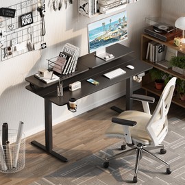 Furmax Electric Standing Desk with Monitor and Laptop Workstation, 55 x 24 Inches Height Adjustable Sit Stand Up Desk, Computer Workstation with Cup Holder and Hook, Cables Holes, Carbon Black