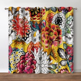 Jekeno Boho Floral Blackout Curtains Bohemian Colorful Flowers Print Decor Darkening Grommet Window Drapes for Bedroom Living Room, 42 Wide 54 Long Inches 2 Panel Set