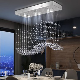 Finktonglan Linear Crystal Chandelier for Kitchen Island, 31.5"×11.8", 6-Light GU10 (Bulbs Not Included), Height Adjustable, K9 Crystal & Stainless Steel, Modern Dining Room Pendant