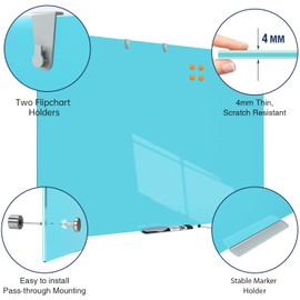 TSJ OFFICE Glass Dry-Erase Board - 48 x 36 Inches Wall Mounted Magnetic Whiteboard, Large Frameless Glass White Board for Office, Home & School, Blue