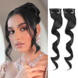 UAmy hair Long Black Side Bangs 2Pcs Set Wavy Curly Clip on Bangs for Women Wavy Curly Clip in Curtain Bangs for Daisy Use