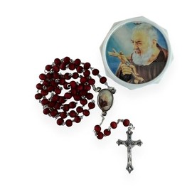 GCK Padre Pio of Pietrelcina Rose Scented Red Wood Beaded Rosary 18"" Necklace with Matching White Case Catholic Religous Christian Gift Rosario Rojo de Padre Pio