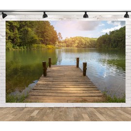 CORFOTO 7x5ft Wooden Dock Beside Lake Photo Backdrop Wooden Bridge Lake Scenery Photography Background Autumn Forest Landscape Backdrop Nature Travel Theme Portrait Photo Booth
